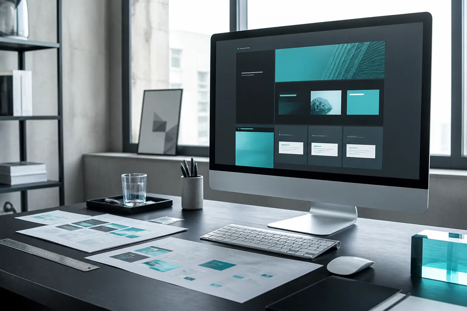 Studio desk with website on screen
