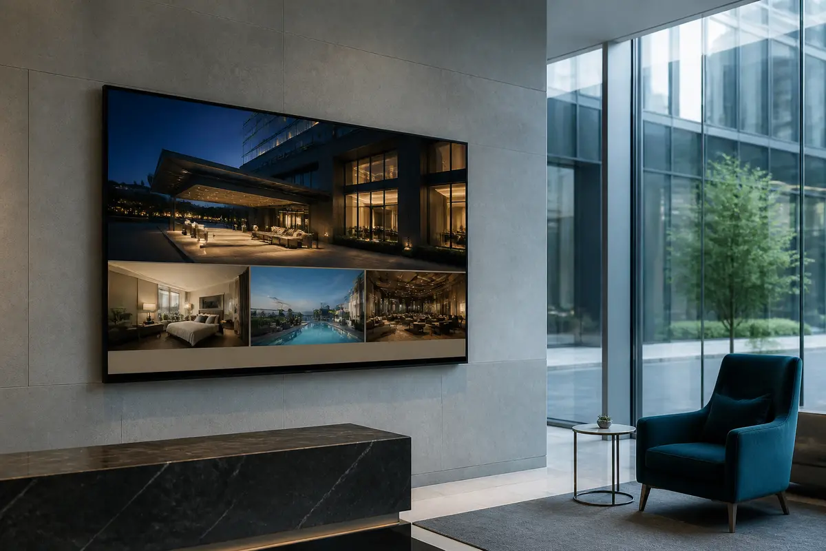 Hotel lobby website on a wall screen