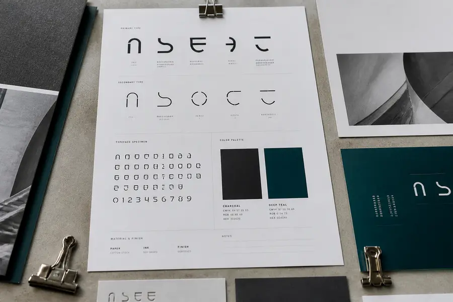Printed brand system on a desk